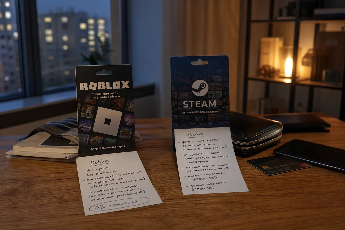 Комиссии и сроки активации подарочных карт Roblox и Steam: детальное сравнение